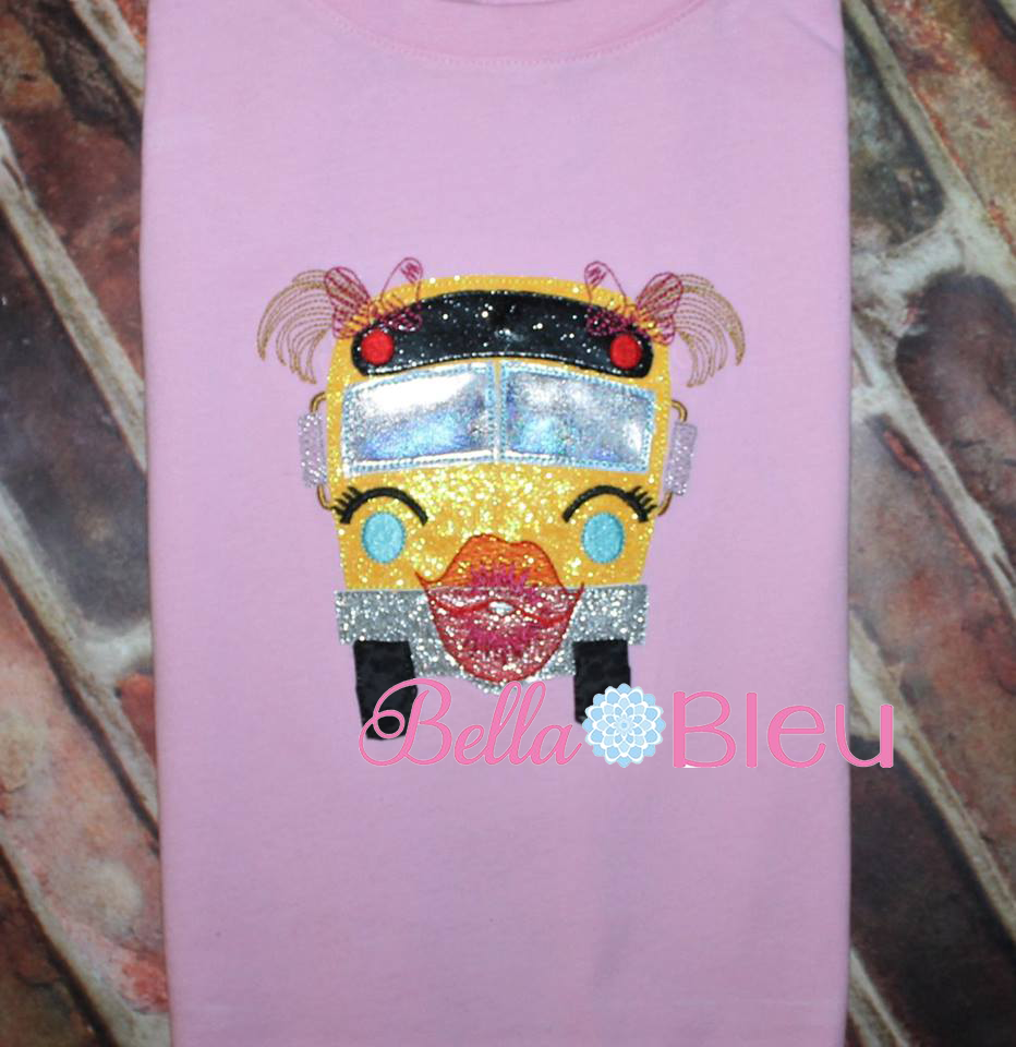 Sketchy Girl School Bus Machine Applique Embroidery Design 8x8