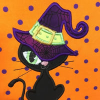Halloween Witch Kitty machine applique embroidery design 5x7