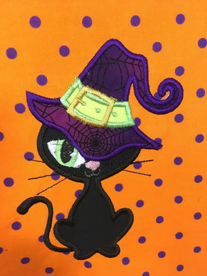 Halloween Witch Kitty machine applique embroidery design 5x7