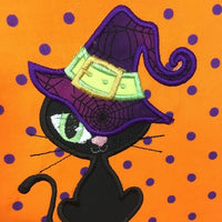 Halloween Witch Kitty machine applique embroidery design 8x12