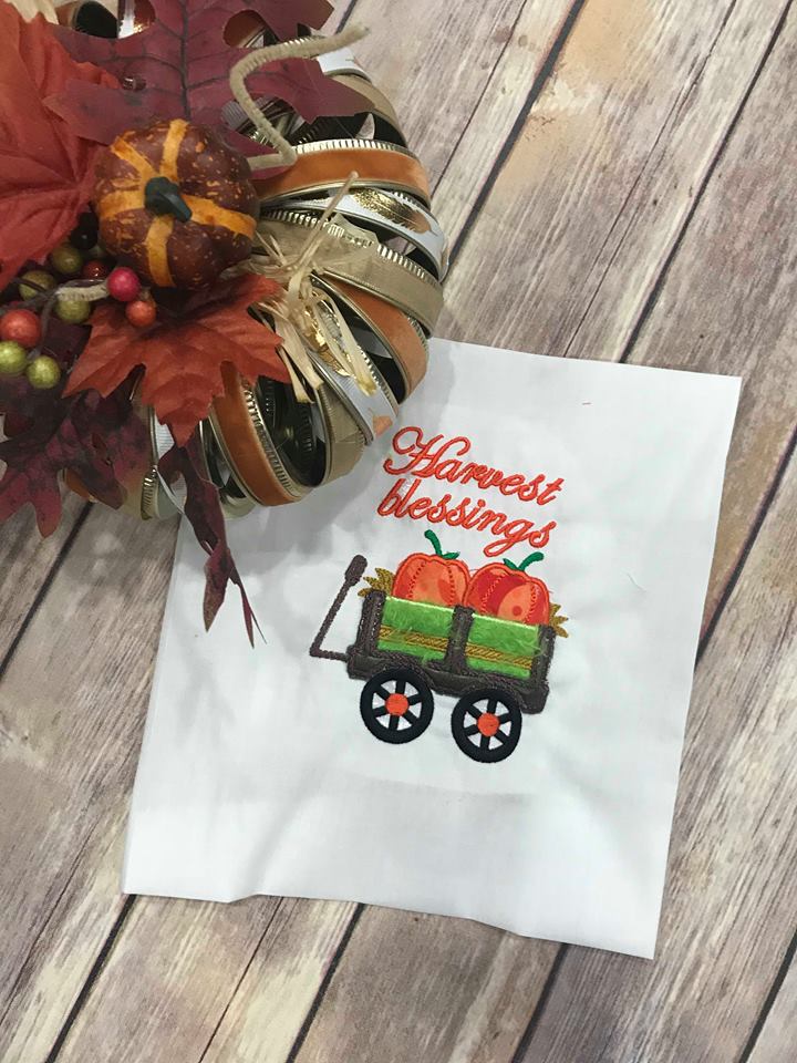 Fall Harvest Blessings Wagon filled with Pumpkin machine embroidery design 6x6