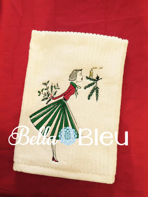 Christmas 1950's Urban Retro Lady Mistletoe Filled line art Machine Embroidery Design