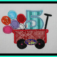 Little Red Wagon 5th Fifth Birthday with Balloons Machine Embroidery Design