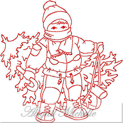 Christmas Bringing home the Tree Redwork Embroidery design