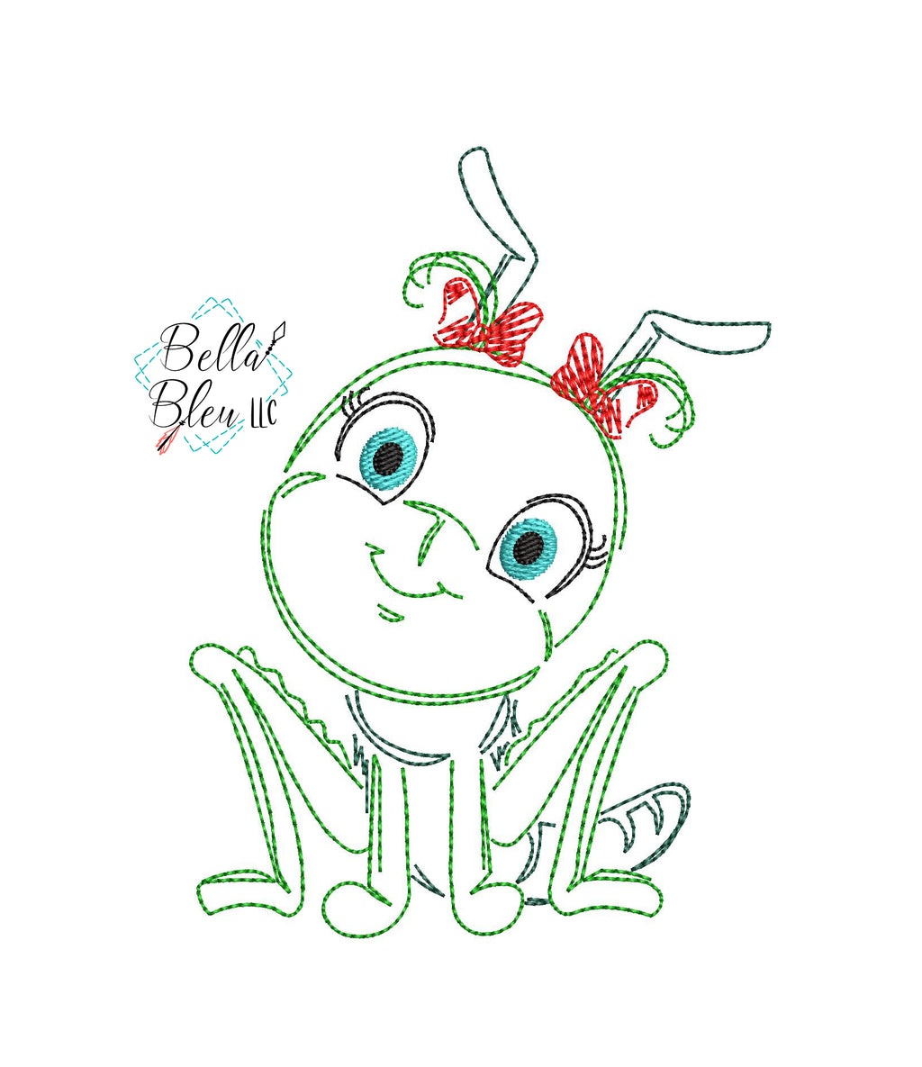 Quick Stitch Girl Grasshopper Insect Bug Machine Embroidery Design COLORWORK