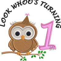 Baby Owl Who's Turning One First Birthday Machine Applique Embroidery Design