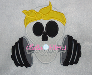 Exclusive Retro Skull Lifting Weights Machine Applique Embroidery Design