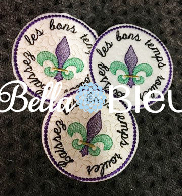 ITH In The Hoop Mardi Gras fleur de lis Wine Glass Coaster Let the Good Times Roll