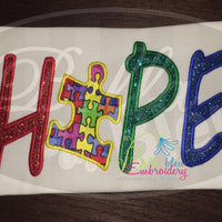 Autism Hope Puzzle Piece Machine Applique Embroidery Design Awareness