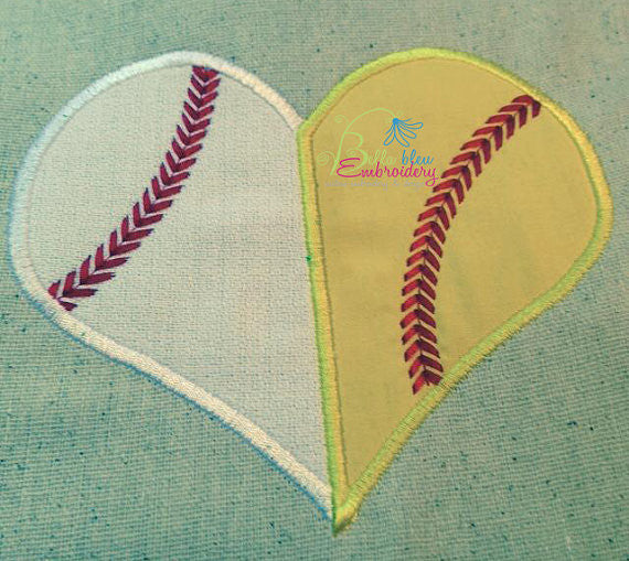 Baseball Softball Divided Heart Applique Embroidery Design