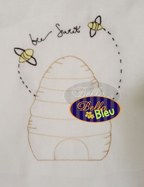 Bee Hive Bee Sweet Kitchen Towel Embroidery Colorwork Redwork design machine embroidery