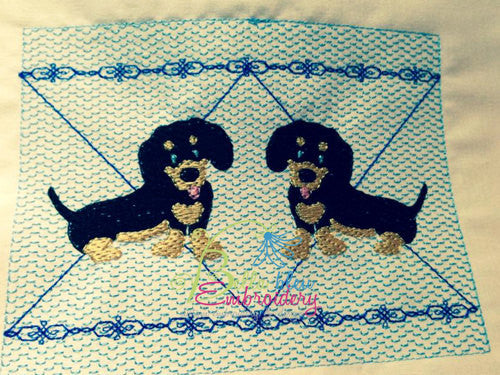 Faux Smocking Black and Tan Dachshund Weiner Dog Dogs Machine Embroidery Design