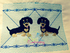Faux Smocking Black and Tan Dachshund Weiner Dog Dogs Machine Embroidery Design