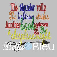 Reading Pillow Book Saying Thunder Lightning another book goes down machine embroidery design