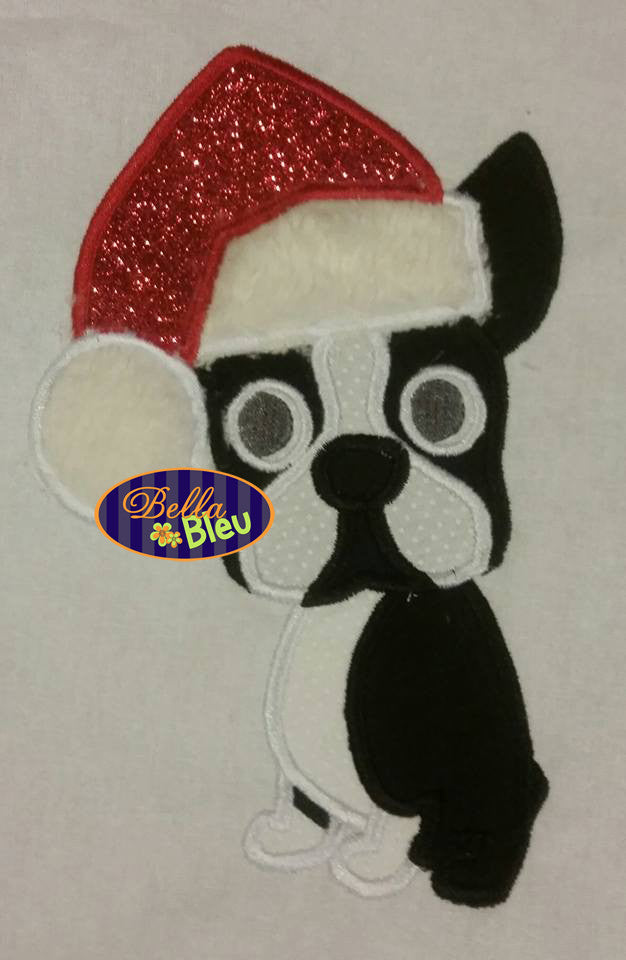 Christmas Santa Boston Terrier Bulldog dog Machine Applique Embroidery Design
