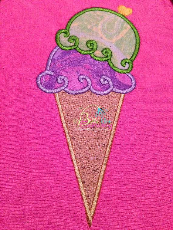 Double Scoop Ice Cream Cone Applique Embroidery Design