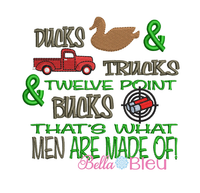Men Ducks Trucks & 12 Point bucks reading pillow embroidery saying with Vintage Red truck, duck and some buck shots embroidery design