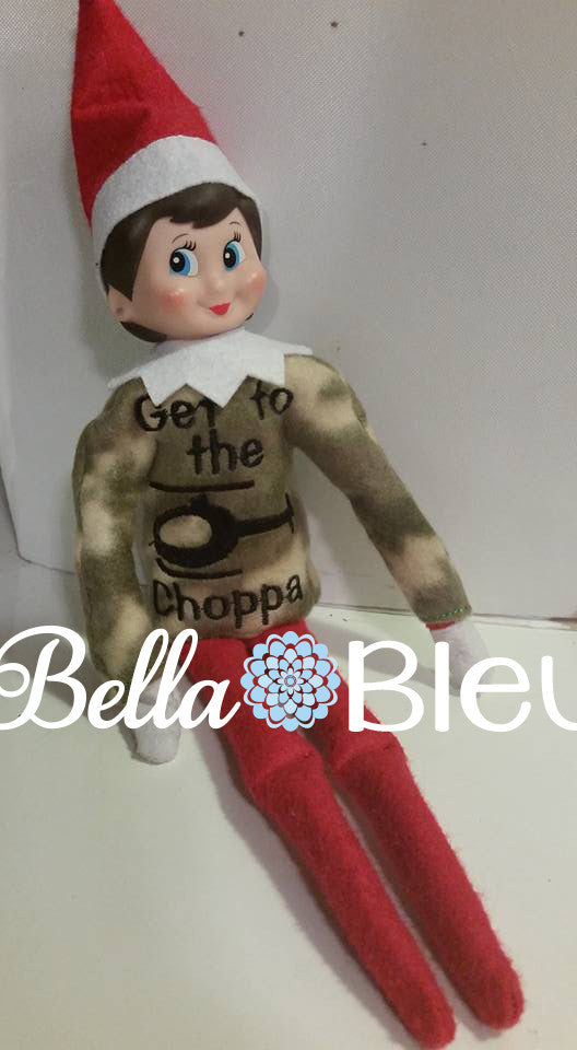 ITH In The Hoop Elf Get to the Choppa Helicopter Sweater Shirt Embroidery Design Arnold Inspired