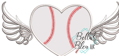 Baseball Softball Heart with Wings Applique