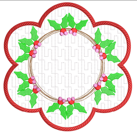 Sketchy Holly Wreath Holiday Candle Mat In the hoop ITH 8x8 hoop