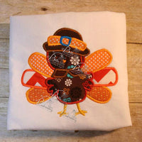 Cute Turkey Thanksgiving Machine Applique Embroidery Design with feathers and pilgrim hat