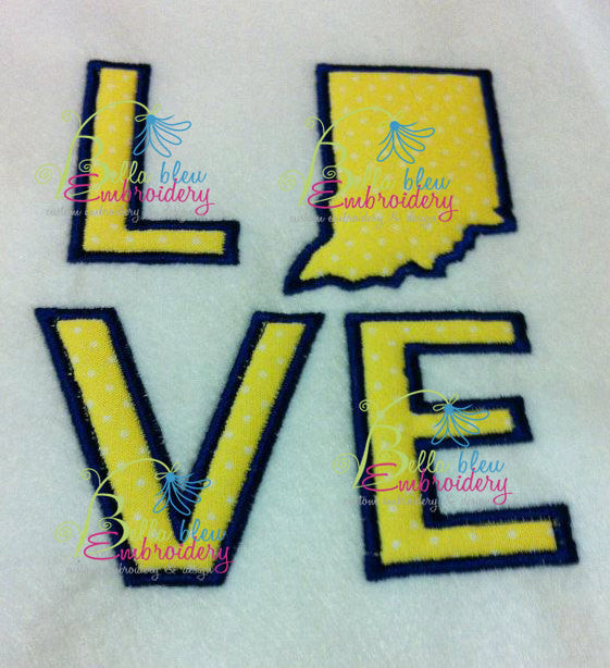 Indiana State Love Applique Embroidery Design Monogram