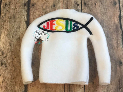 Fish Jesus Elf Sweater - ITH Elf Shirt - In the hoop machine embroidery design