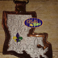 ITH in the hoop Fleur de lis filled Lousianna State Key Luggage Tag Fob Keychain machine embroidery