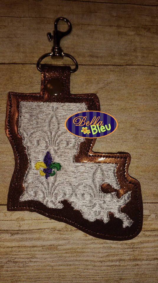 ITH in the hoop Fleur de lis filled Lousianna State Key Luggage Tag Fob Keychain machine embroidery