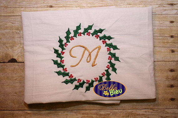 Christmas Wreath Holly Circle Design Monogram Machine fill Embroidery Design