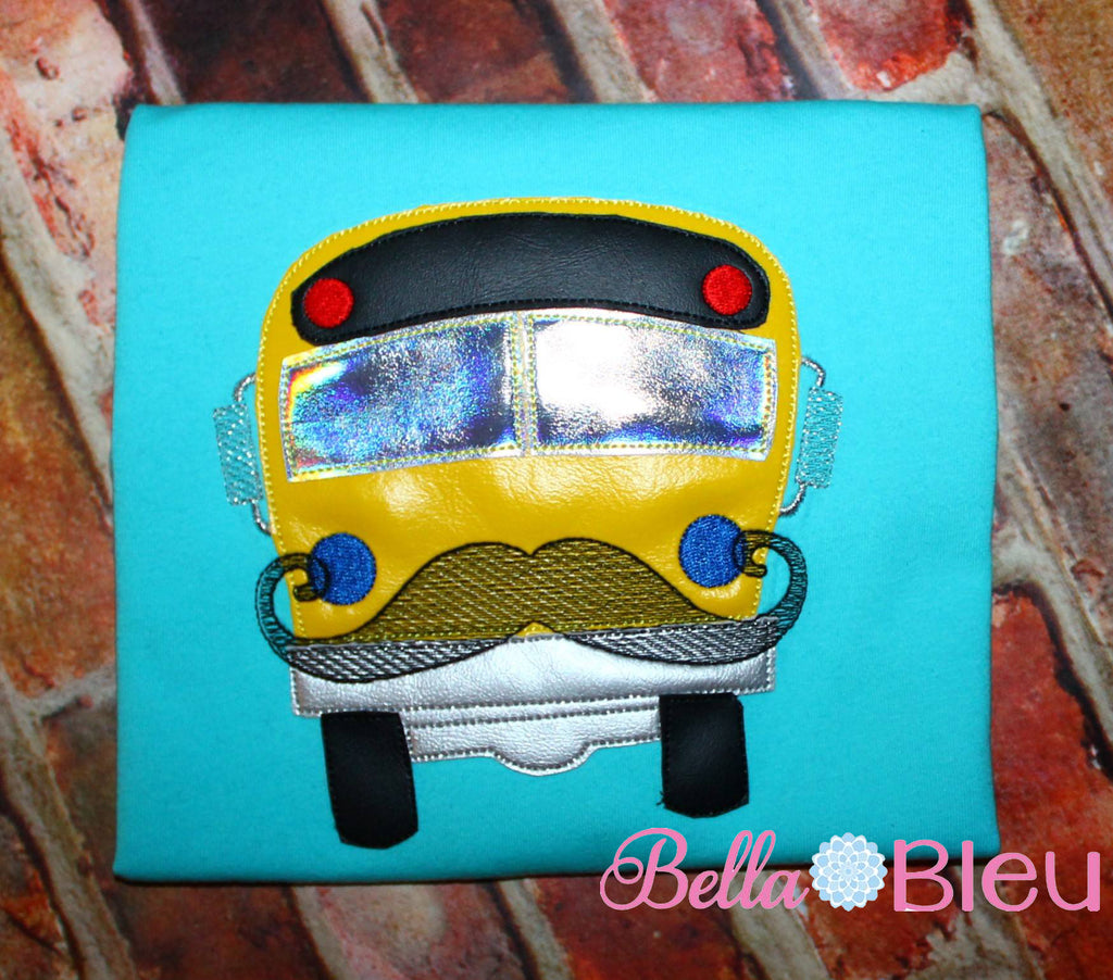 Sketchy School Bus with Mustache Machine Applique Embroidery Design 5x5