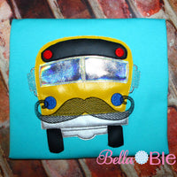 Sketchy School Bus with Mustache Machine Applique Embroidery Design 8x8