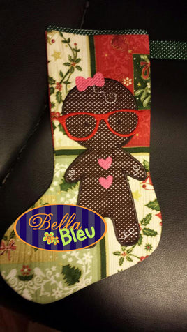 In the Hoop Christmas Geek Gingerbread Girl Stocking Embroidery Applique design machine