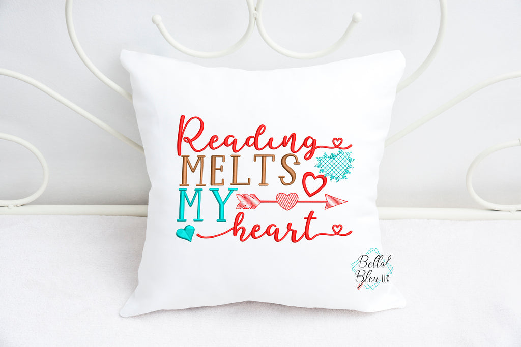 Reading Melts My heart Pillow saying Machine Embroidery design