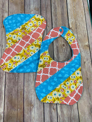 Patchwork Quilt Baby Bib and burp set Newborn to 3 mths