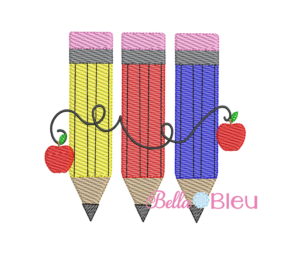 Sketchy Pencil Trio with Apples Machine embroidery design