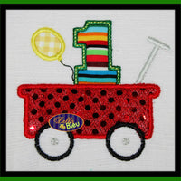 First 1st One Birthday in the little red wagon with Balloons Applique Embroidery Design