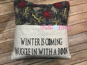 Inspired Game of Thrones Wolf motif Snuggle with a book saying machine embroidery design 7x11